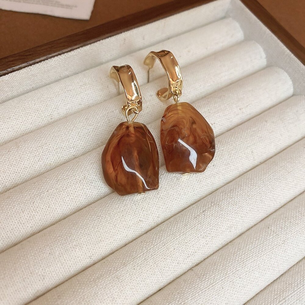 Brown Resin Drop Earrings Gold Hoop Dangle Earrings 925 Sterling Silver Posts